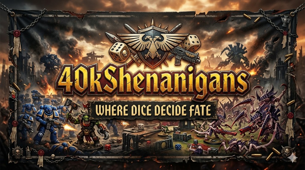 40kShenanigans — Where Dice Decide Fate. Battlefield banner with Space Marines, Orks, and Tyranids.